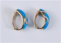 Lot 2589 - A pair of 14ct diamond and turquoise enamel...
