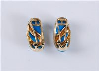 Lot 2589 - A pair of 14ct diamond and turquoise enamel...
