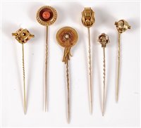 Lot 2507 - Six stick pins: to include an Etruscan revival...