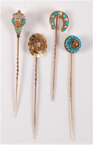 Lot 2513 - Four gemset stick pins: a seed pearl and...