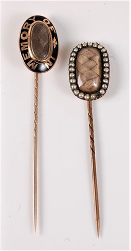Lot 2532 - Two late 19th century mourning stick pins: an...