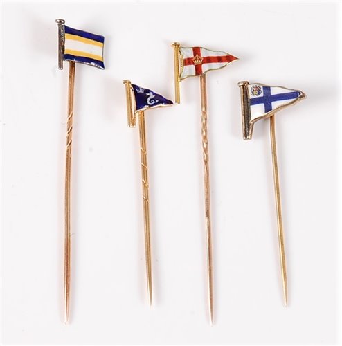 Lot 2545 - Four enamelled flag stick pins: a blue, yellow...