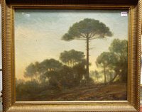 Lot 1028 - M. Girou - Wooded landscape, oil on canvas,...