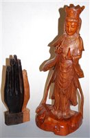 Lot 20 - A carved wooden hand Mudra, h.30cm; together...