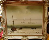 Lot 1093 - A Beardsley - boats at moonlight, oil on...