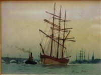 Lot 1095 - Peter Knox - boats on the river, watercolour,...