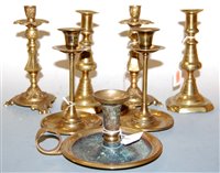 Lot 242 - A pair of Victorian brass candlesticks with...