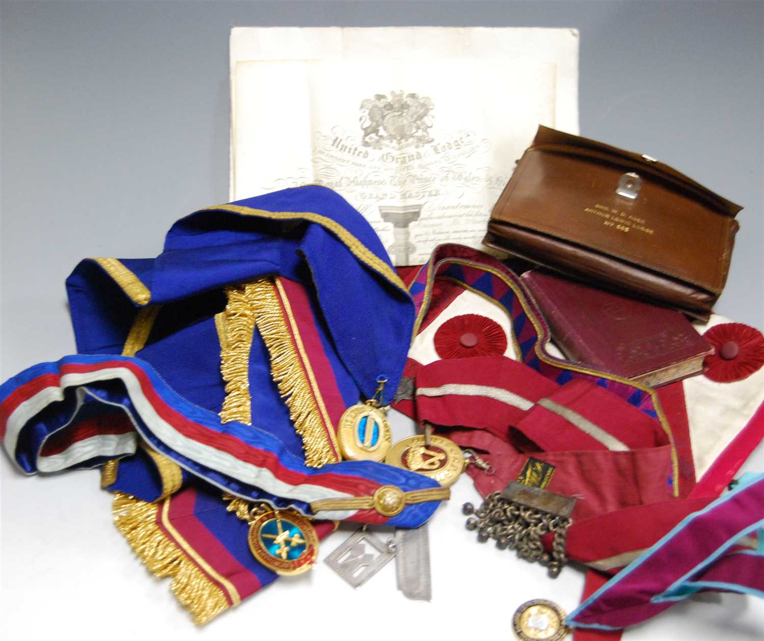 Lot 41 - Two boxes of Masonic regalia, to include...