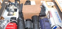 Lot 680 - A box of cameras and camera equipment, to...