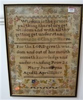 Lot 698 - A framed and glazed needlework sampler by Mary...