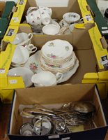 Lot 724 - Three boxes of mixed china and silver plated...