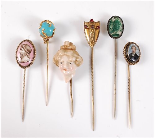 Lot 2555 - Six various stick pins: to include a stick pin...