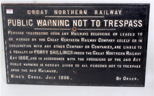 Lot 74 - A Great Northern Railway public warning not to...