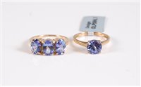 Lot 2664 - Two 9ct tanzanite rings, the first a three...