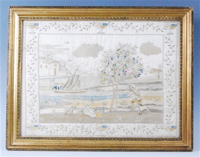 Lot 1351 - A George III embroidered silkwork panel,...