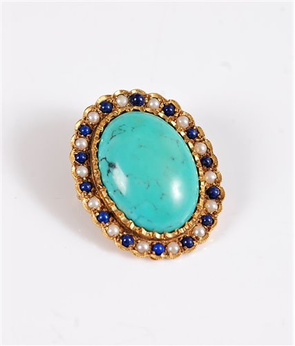 Lot 2587 - A 9ct turquoise, cultured pearl and lapis...