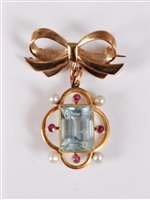 Lot 1220 - An aquamarine, ruby and cultured pearl...