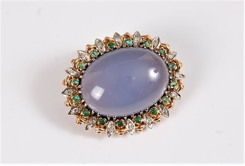 Lot 1262 - A chalcedony, diamond and emerald brooch, the...