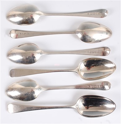 Lot 1164 - A set of six George III silver tablespoons, in...