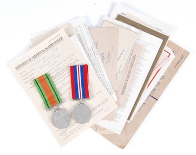 Lot 114 - A WW II Defence and War medal duo, together with various documents and ephemera relating to 7358520 Cpl. Edward Walter Button RAMC.