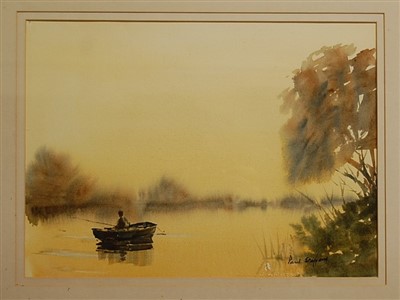 Lot 1015 - Paul Stafford - Lone boatman, watercolour,...