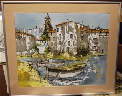 Lot 1058 - Bernard Dufour - Boats in harbour, acrylic,...