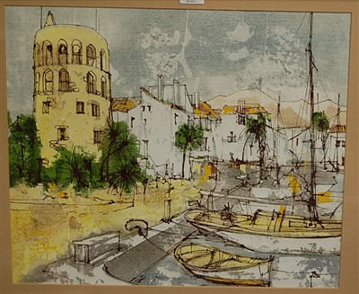 Lot 1046 - Bernard Dufour - harbour scene, acrylic,...