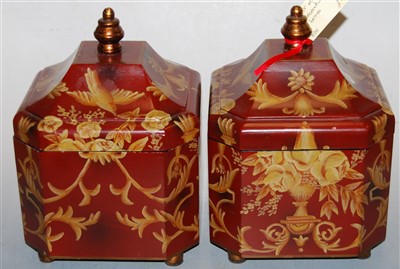 Lot 32 - A pair of modern red lacquered and floral...