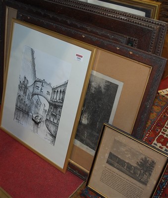 Lot 1081 - Assorted monochrome prints, framed identure, etc