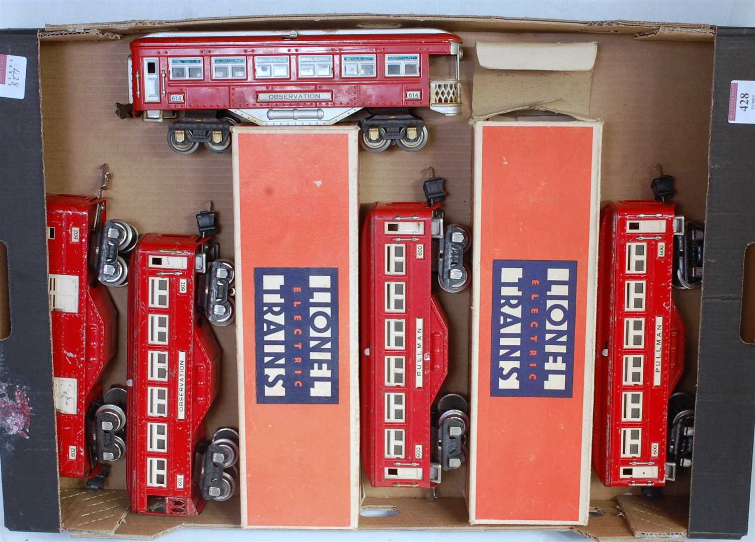 Lot 428 - Six Lionel bogie coaches red; 602 baggage; 601...