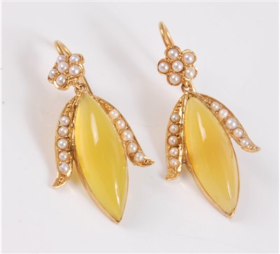 Lot 1276 - A pair of seed pearl and yellow hardstone...