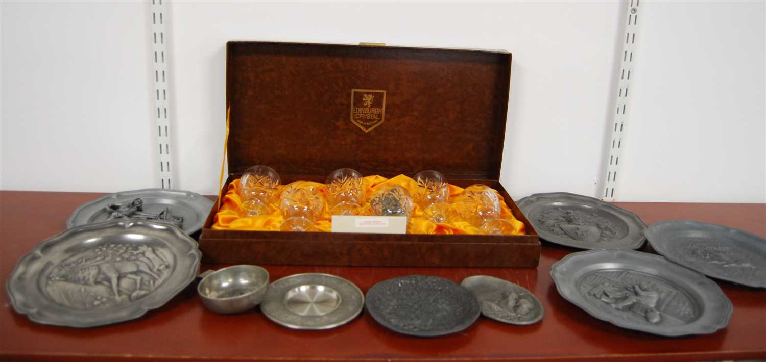 Lot 35 - A box of miscellaneous pewter relief decorated...