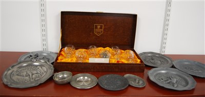 Lot 35 - A box of miscellaneous pewter relief decorated...