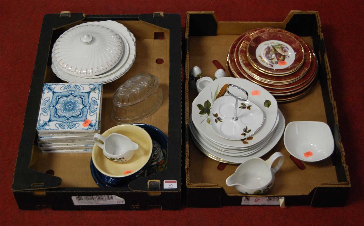 Lot 45 - Two boxes of miscellaneous china and glassware,...