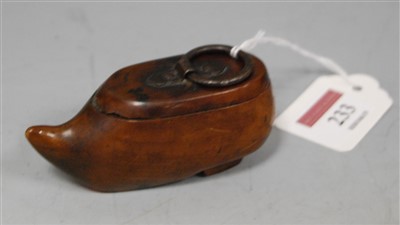 Lot 233 - A 19th century treen snuff shoe, the removable...