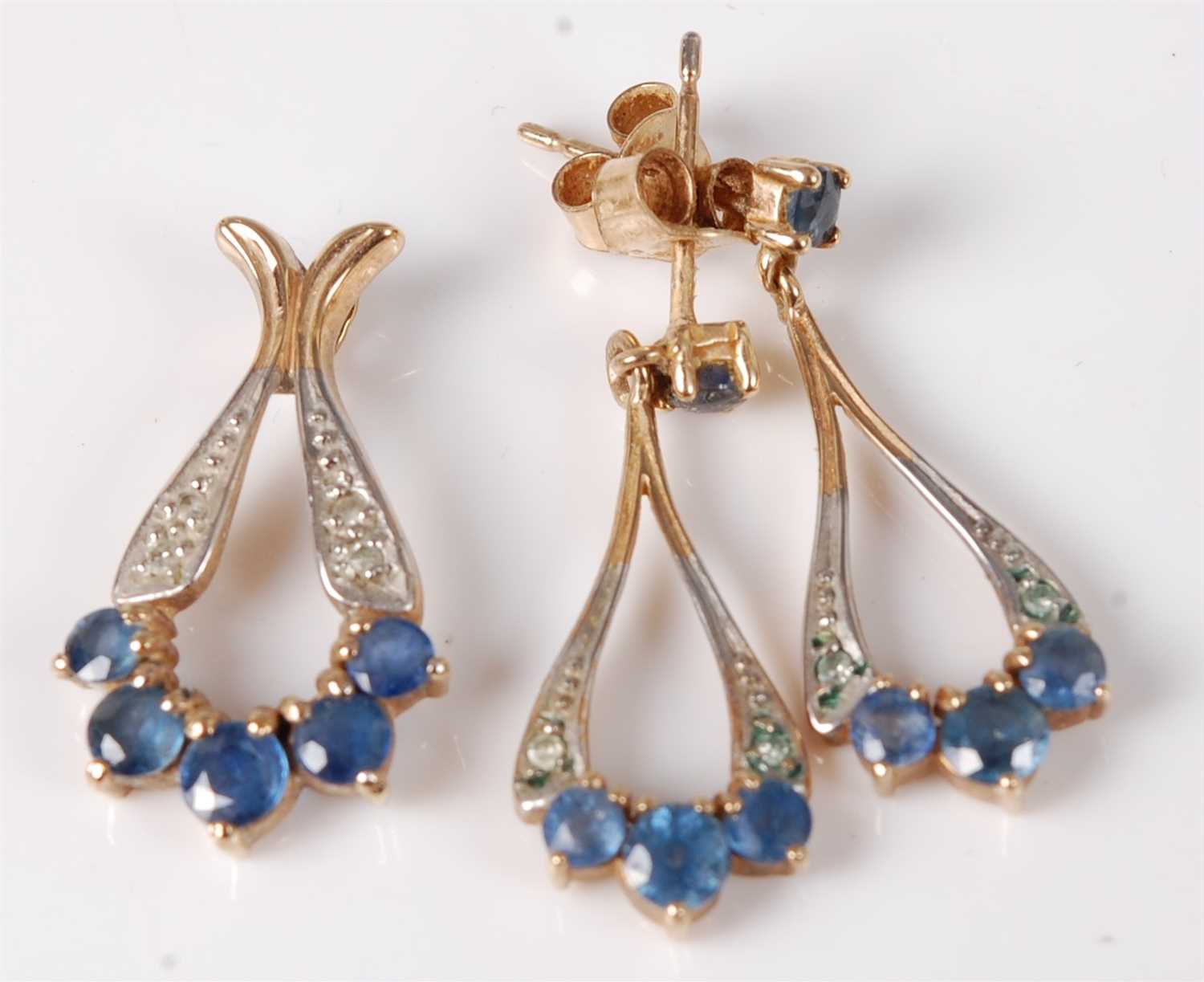 Lot 310 - A pair of 9ct gold sapphire set ear pendants,...