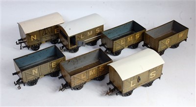 Lot 544 - Seven Bing wagons: 4x open, 2x NE vans and LMS...