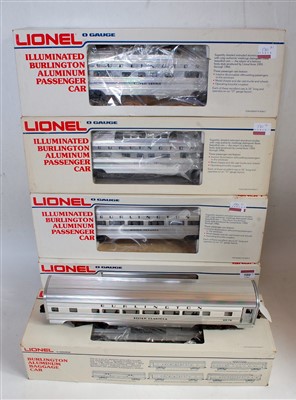 Lot 580 - Six Lionel silver passenger cars - Burlington...