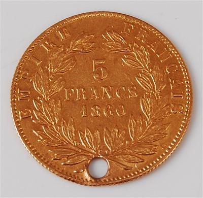Lot 2101 - France, 1860 gold 5 francs