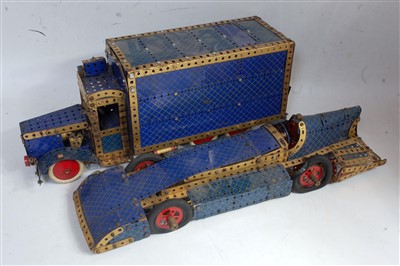 Lot 3159 - Two Meccano blue, gold and red made up models,...