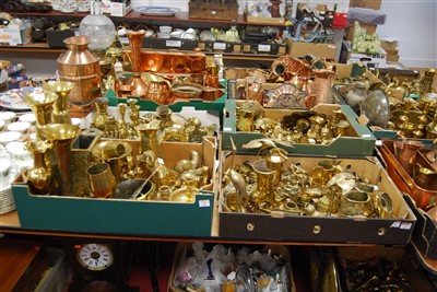 Lot 144 - Four boxes of miscellaneous brassware, to...