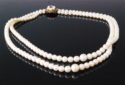 Lot 433 - A graduated and knotted cultured pearl double...