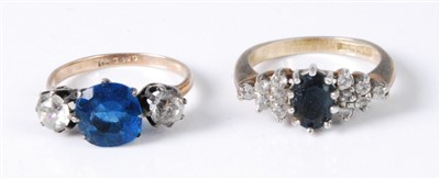 Lot 477 - A 9ct gold, faux sapphire and cz set three...