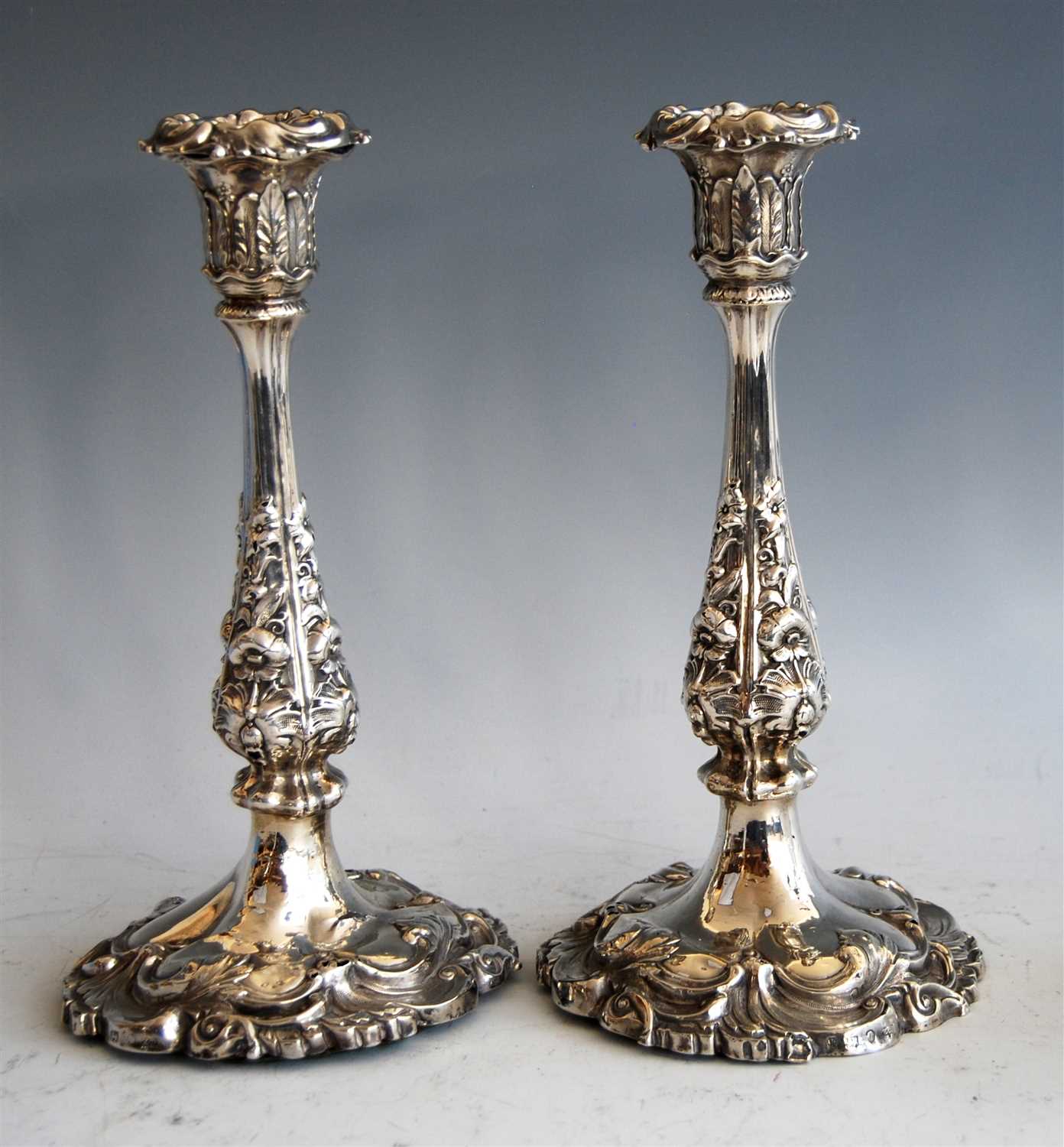 Lot 1064 - A pair of early Victorian silver candlesticks,...