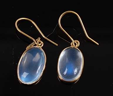 Lot 2536 - A pair of yellow metal moonstone drop earrings,...