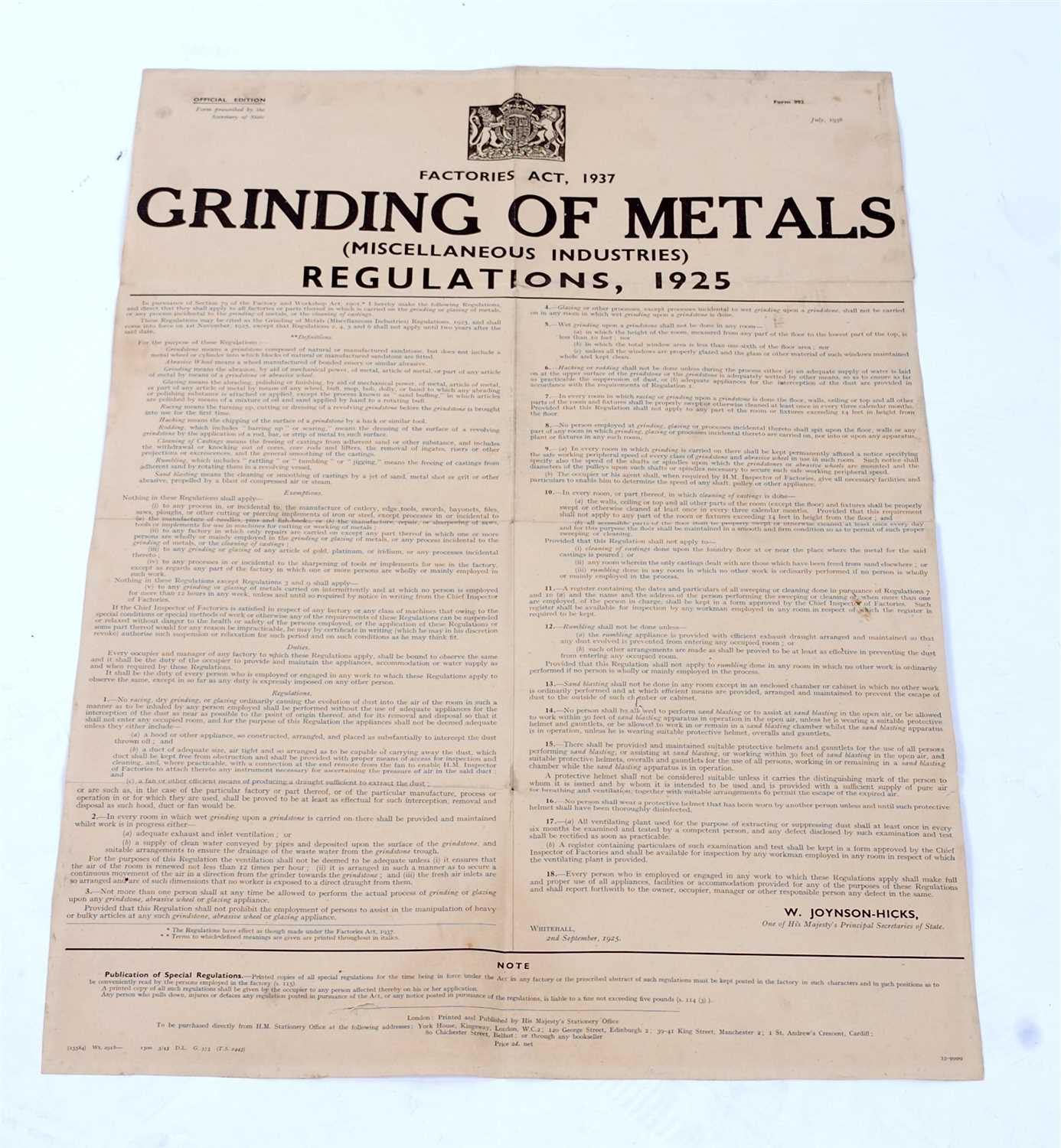 Lot 103 - A Factories Act 1937 poster regarding grinding...