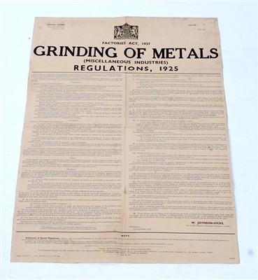 Lot 103 - A Factories Act 1937 poster regarding grinding...