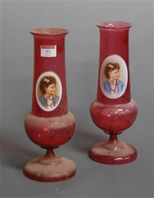 Lot 53 - A pair of early 20th century cranberry glass...