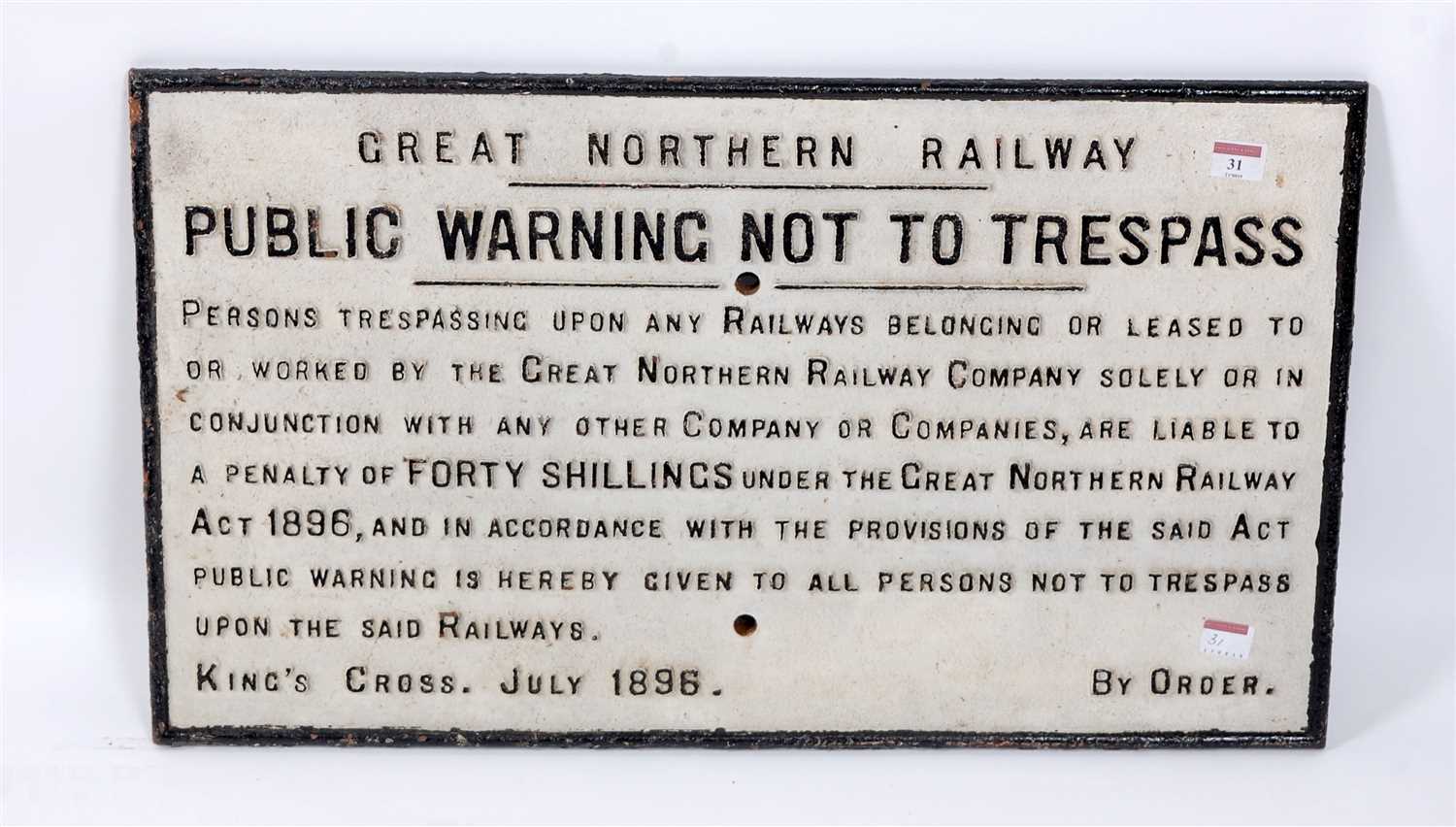 Lot 31 - A large cast iron sign, Great Northern Railway...