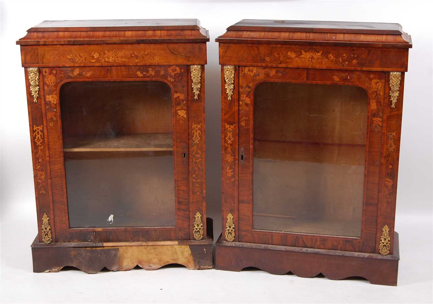 Lot 1457 - A pair of Victorian walnut marquetry inlaid...